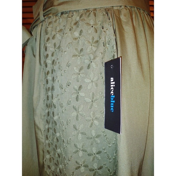 Olive Green Cotton Eyelet Maxi Skirt - Sheen Buttons Bow Tie Elastic Waist - S - Picture 9 of 13